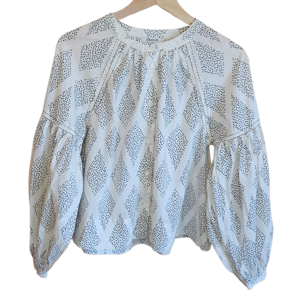 Madewell Women's White Dotted Diamond Puff Sleeve Button Front Top Small